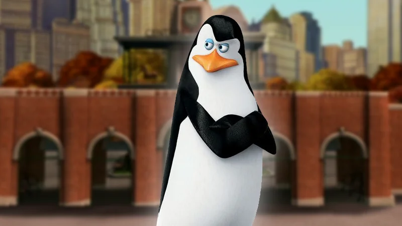 Kowalski the penguin from Penguins of Madagascar standing with flippers crossed