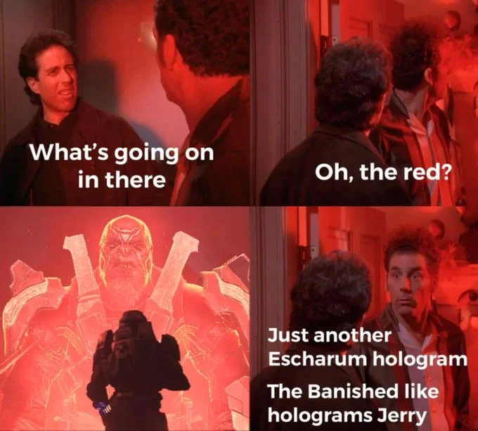Kramer Whats Going On In There — Kramer meme with Halo Infinite Escharum hologram reference from The Banished faction.