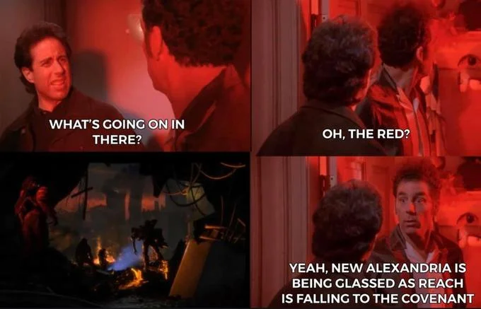 Kramer Whats Going On In There — Kramer meme with Halo Reach reference about New Alexandria being glassed by the Covenant.