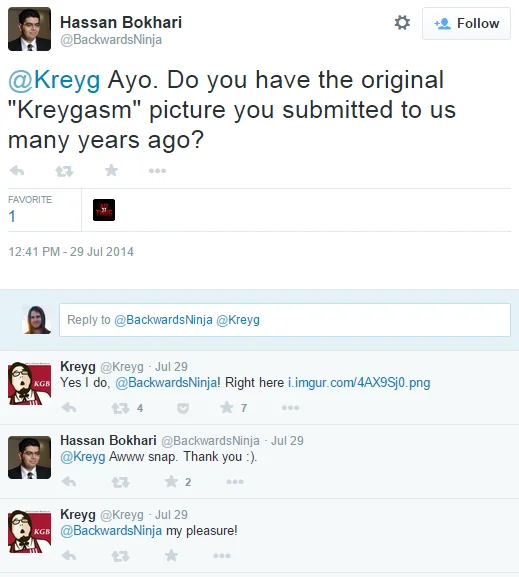 Twitter conversation screenshot with Kreyg confirming and sharing the original Kreygasm photo