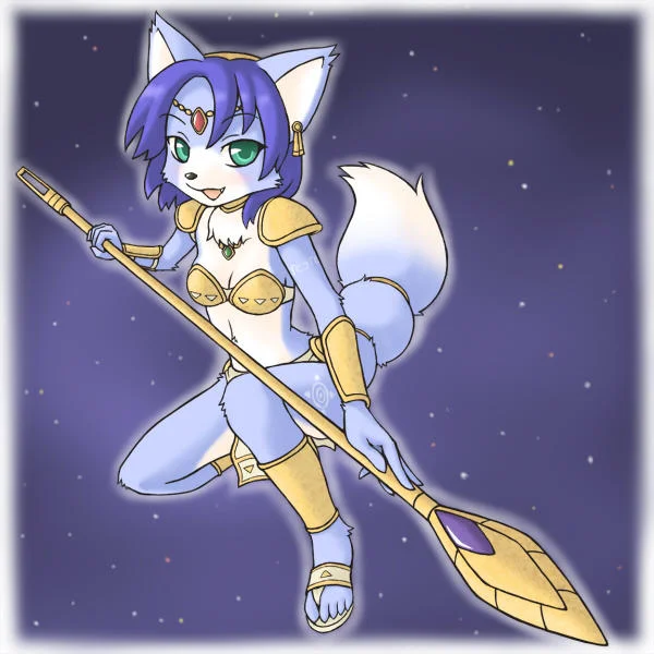 Dynamic fan art of Krystal in blue and white combat outfit holding staff with green eyes against starry sky.