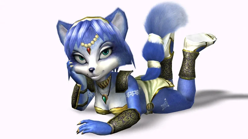 Fan art illustration of Krystal in relaxed playful pose with blue and white coloring and golden armor accents.