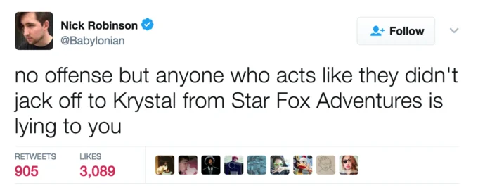 Twitter post screenshot by Nick Robinson discussing Krystal from Star Fox Adventures and cultural impact.