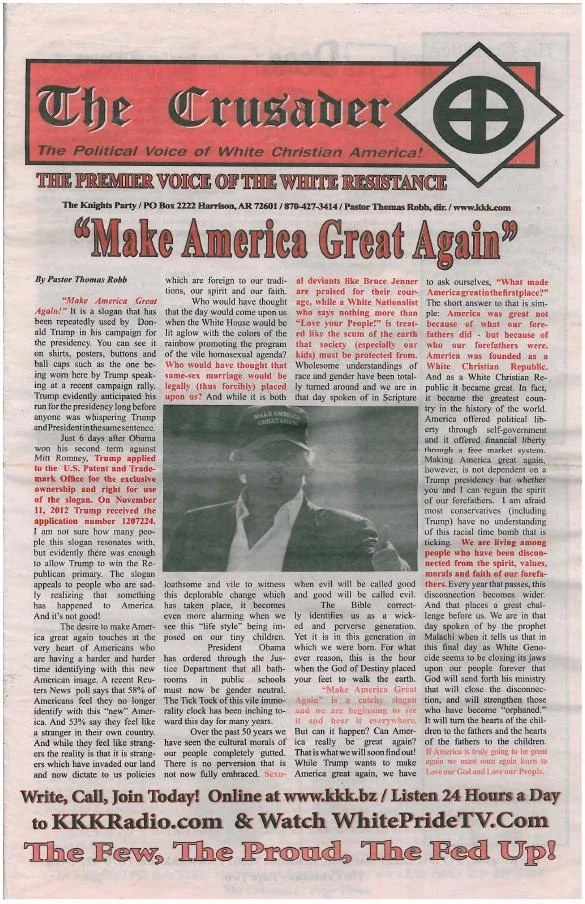 Ku Klux Klan — Front page of The Crusader KKK newspaper featuring a 'Make America Great Again' headline
