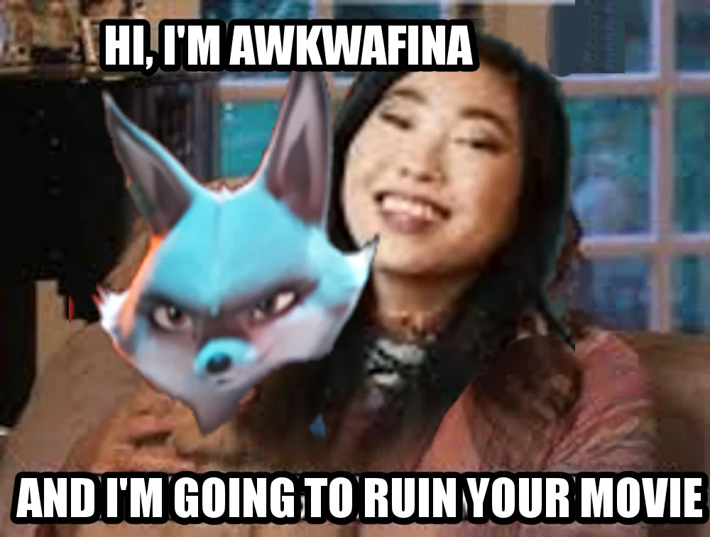 Kung Fu Panda — Meme of Awkwafina next to Zhen fox character with text mocking her casting.