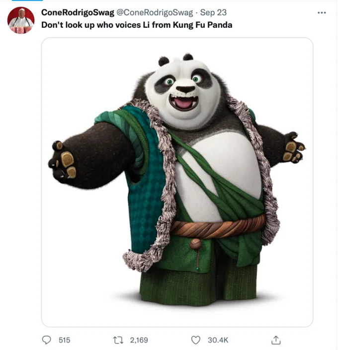 Tweet joking about the voice actor for Li Shan from Kung Fu Panda with an image of the character.