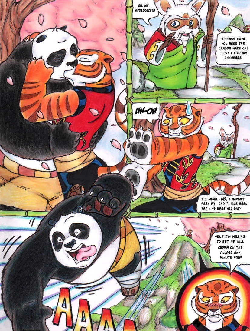Kung Fu Panda — Fan comic panel showing Po, Tigress and Shifu in a comedic sequence.