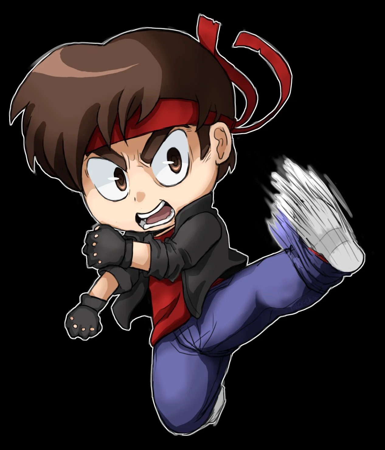 Chibi fan-art illustration of Kung Fury performing a jumping kick