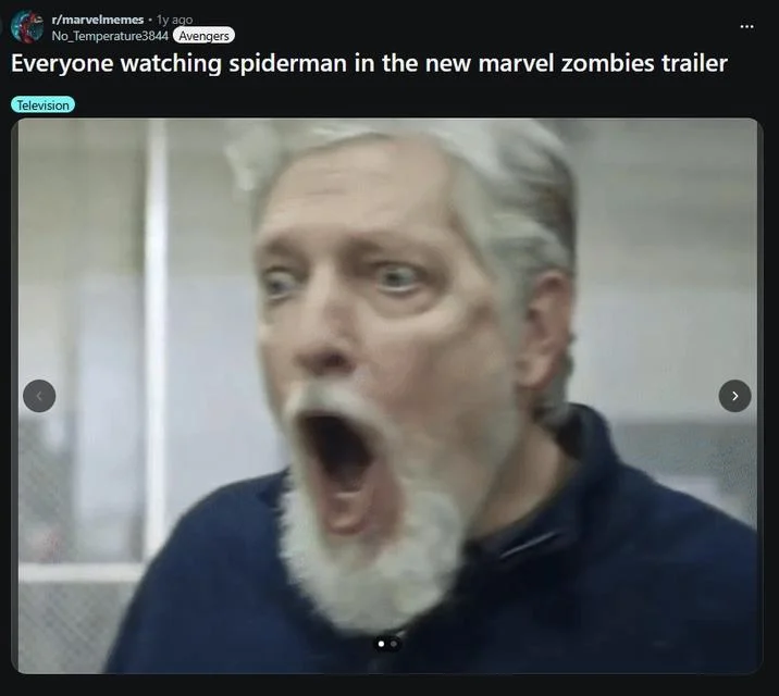 Reddit post from r/marvelmemes using the shocked Kurt Caldwell face captioned about the Marvel Zombies Spider-Man trailer