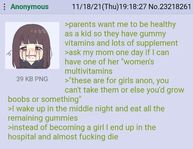 4chan greentext post with crying Kurumi Nanase avatar about gummy vitamins