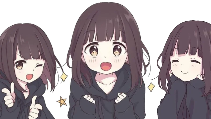 Three chibi drawings of Kurumi Nanase in a black hoodie showing different expressions