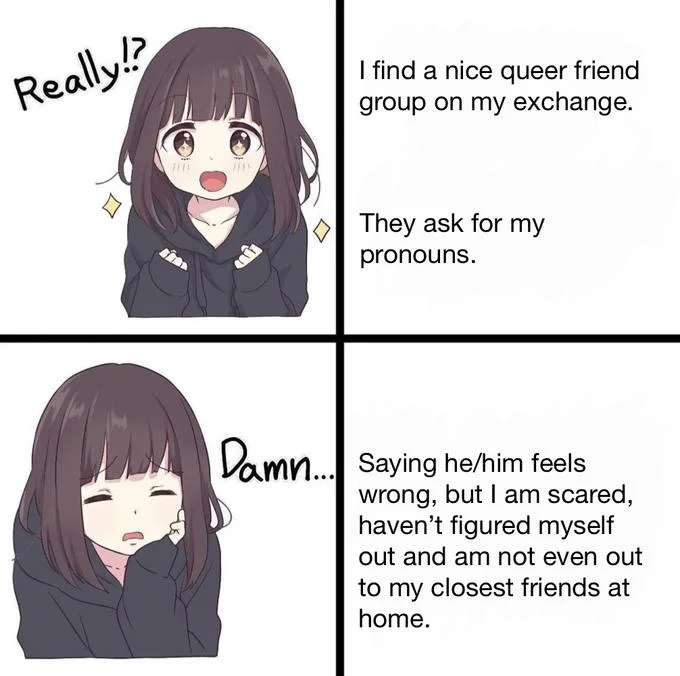 Two-panel Kurumi Nanase meme about being asked pronouns in a queer friend group