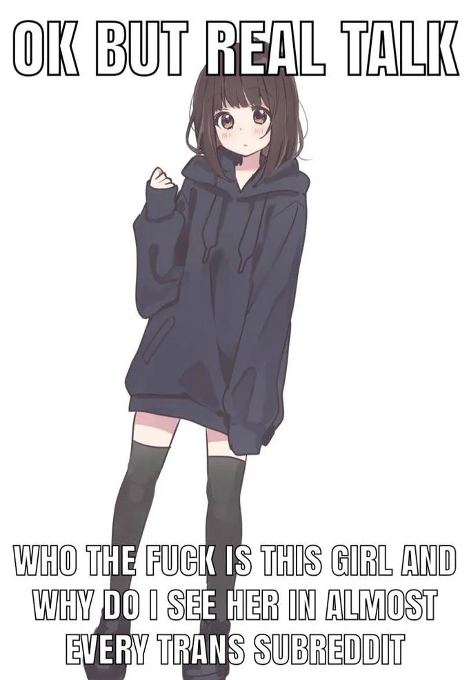 Full body Kurumi Nanase meme asking why she appears in every trans subreddit