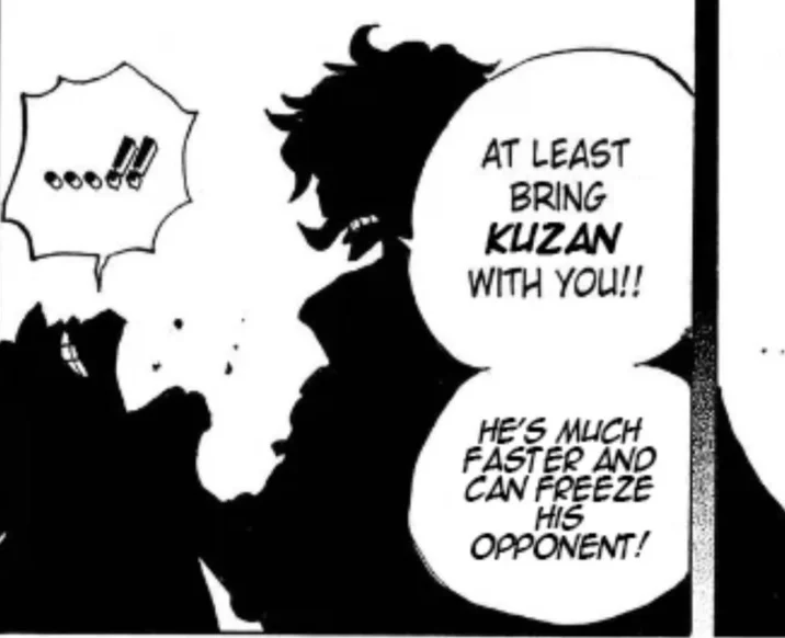 Kuzan Is Much Faster And Can Freeze His Opponents — One Piece manga panel with speech bubble saying 'At least bring Kuzan with you! He's much faster and can