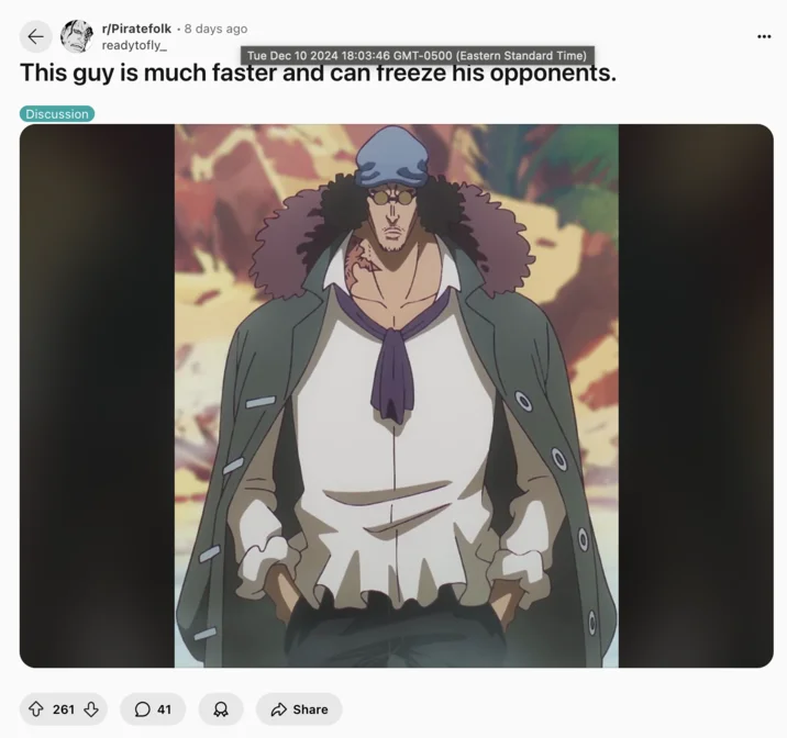 Kuzan Is Much Faster And Can Freeze His Opponents — Reddit post from r/Piratefolk showing an anime image of Kuzan with the catchphrase