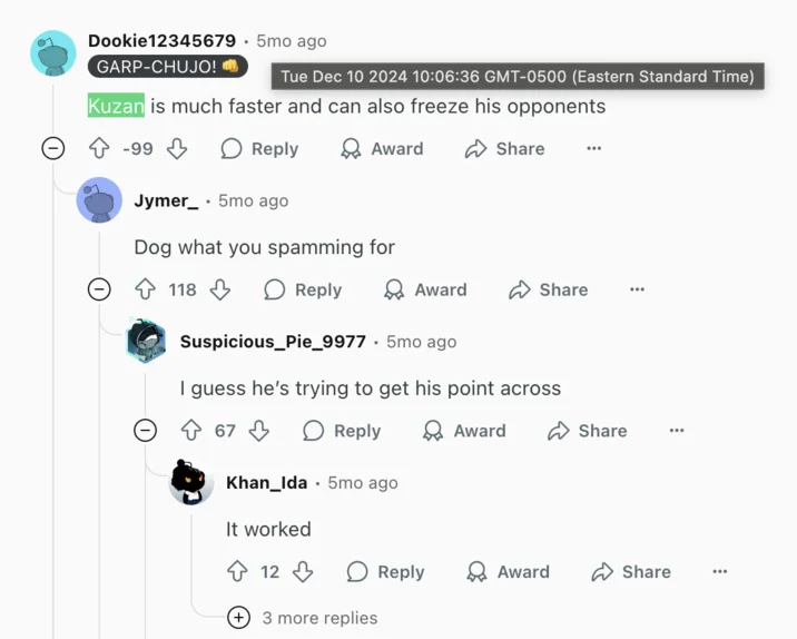 Kuzan Is Much Faster And Can Freeze His Opponents — Reddit comment thread with the catchphrase 'Kuzan is much faster and can also freeze his opponents'
