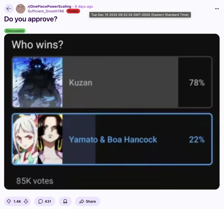Kuzan Is Much Faster And Can Freeze His Opponents — Reddit poll screenshot showing Kuzan winning 78% versus Yamato and Boa Hancock