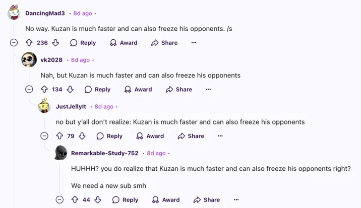 Kuzan Is Much Faster And Can Freeze His Opponents — Reddit thread with multiple users repeating the Kuzan catchphrase sarcastically