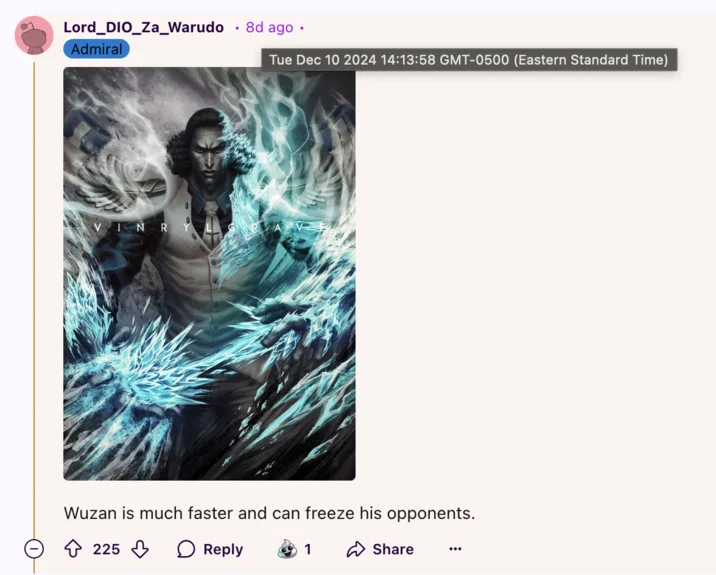 Kuzan Is Much Faster And Can Freeze His Opponents — Reddit comment with Kuzan fan art and caption misspelled as 'Wuzan is much faster and can freeze his