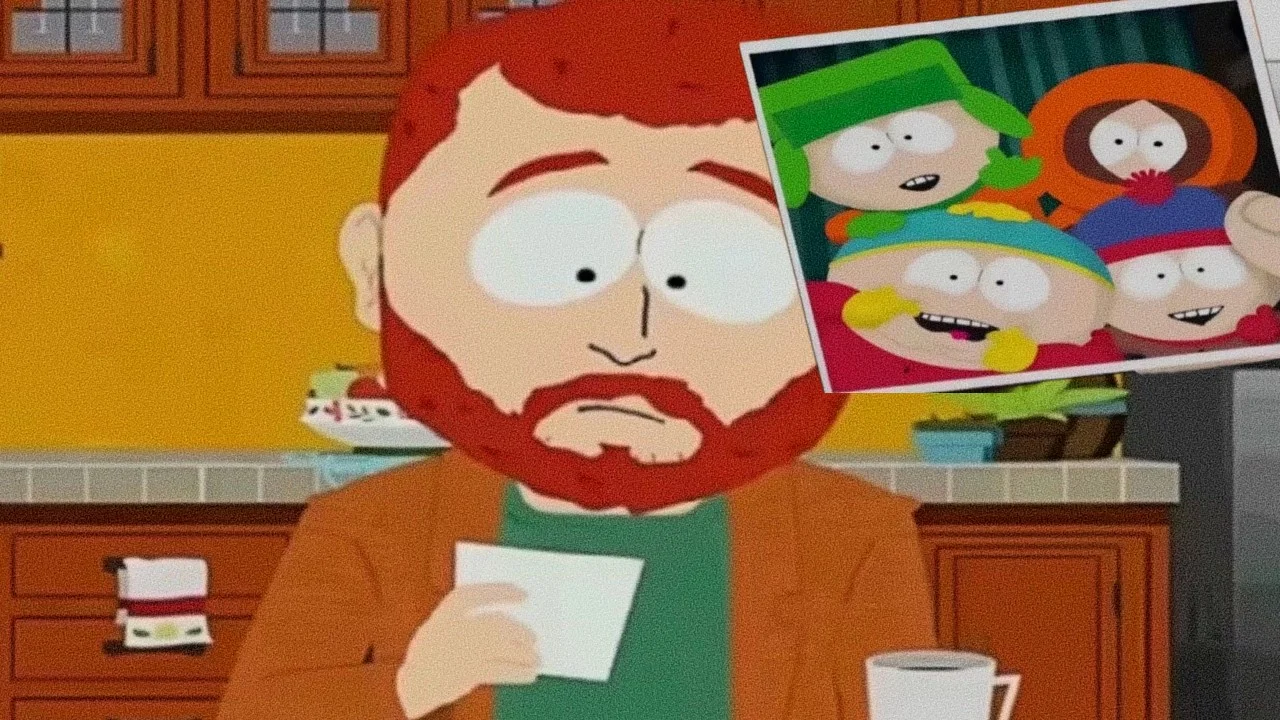 Kyle Looking at an Old Photo — Adult Kyle Broflovski gazing at a Polaroid of his younger self and friends in a South Park kitchen scene