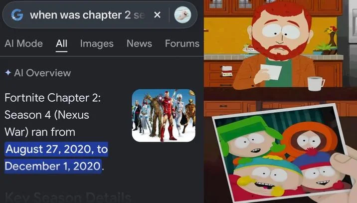 Kyle Looking at an Old Photo — Kyle Broflovski meme with Google search about Fortnite Chapter 2 Season 4 dates