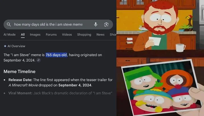Kyle Looking at an Old Photo — Kyle Broflovski meme with Google AI Overview about the I Am Steve meme age