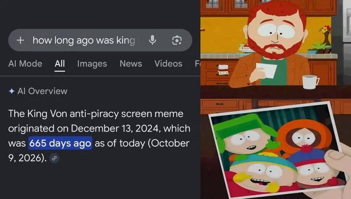 Kyle Looking at an Old Photo — Kyle Broflovski meme with Google search about the age of the King Von anti-piracy meme