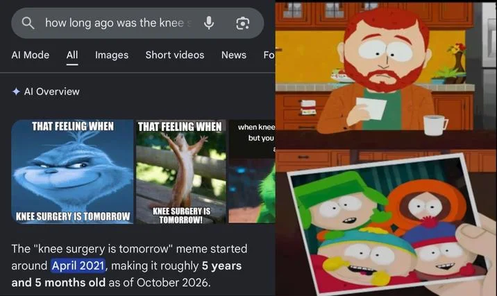 Kyle Looking at an Old Photo — Kyle Broflovski meme with Google search for the age of the Knee Surgery Is Tomorrow meme
