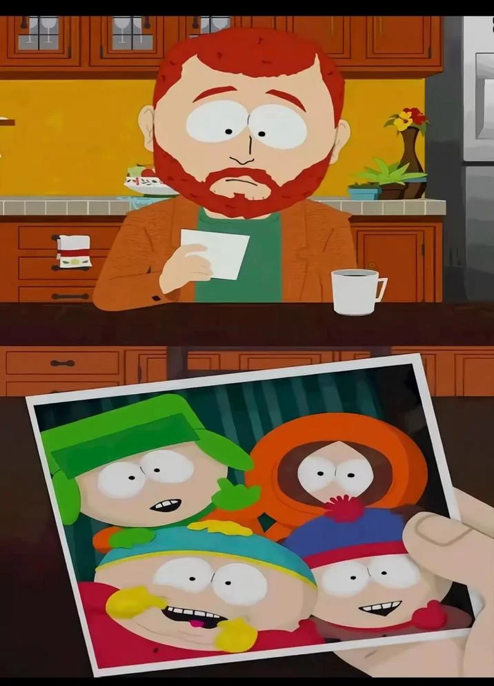 Kyle Looking at an Old Photo — Two-panel South Park image: adult Kyle holding a Polaroid above a close-up of the childhood friends photo