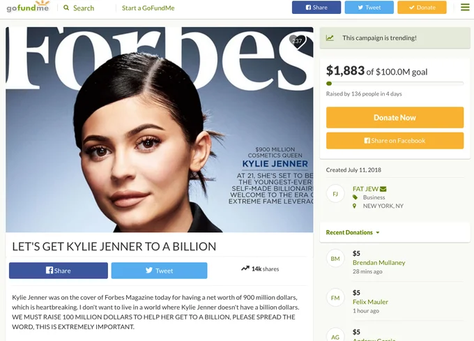 GoFundMe page raising money to help Kylie Jenner become a billionaire