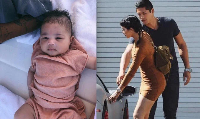 Split photo of baby Stormi and Kylie Jenner near a car