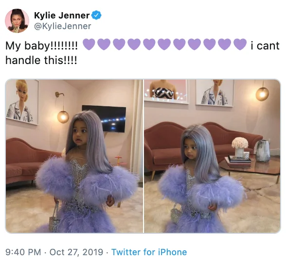 Kylie Jenner tweet showing Stormi in a purple feathered dress and wig