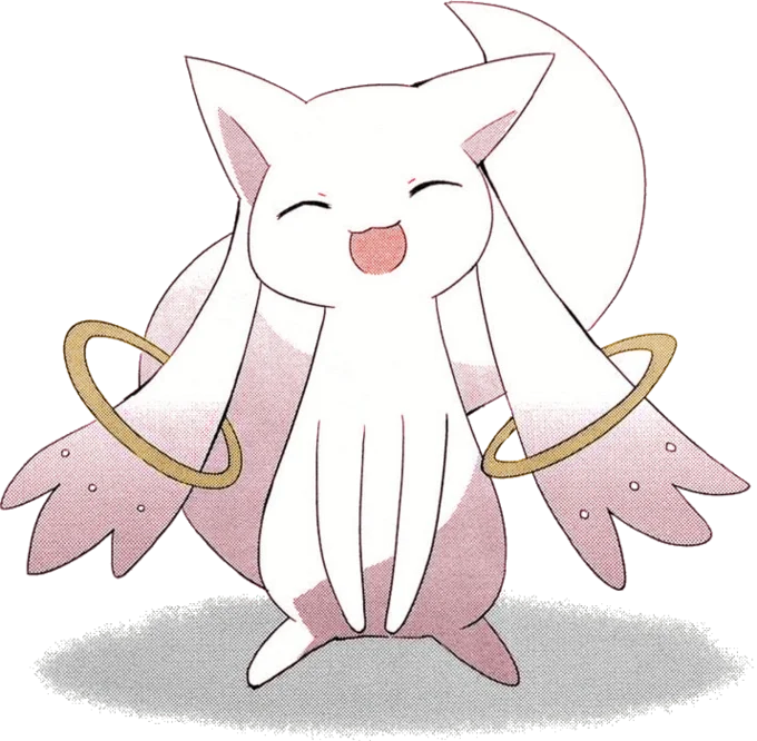 Colorized manga illustration of a smiling Kyubey with gold rings and pink ears.