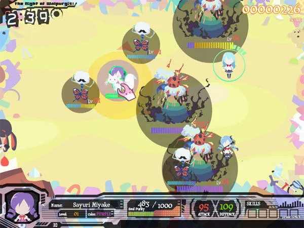 Screenshot of a chibi Madoka Magica browser game featuring Kyubey and magical girls fighting witches.