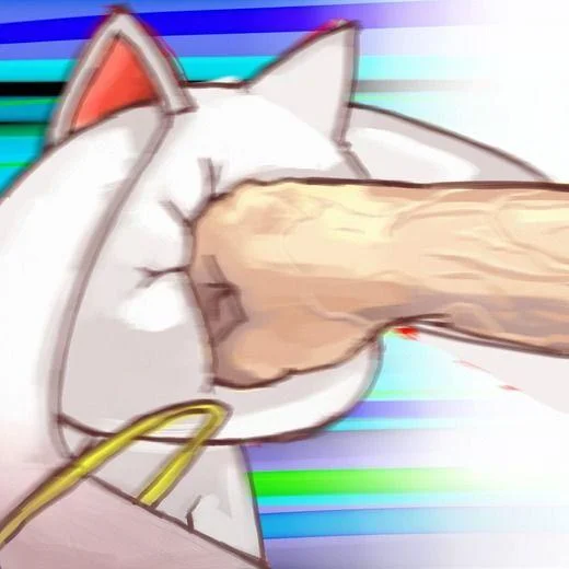 Fan art of Kyubey throwing a punch at the viewer with speed lines.