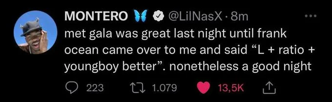Twitter screenshot with L + Ratio reply example.