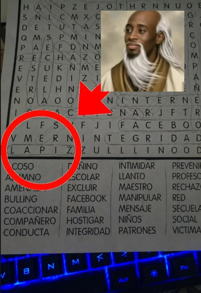 Spanish word search with 'LAPIZ' circled, la peace sage overlaid pointing at the word