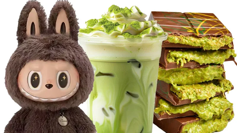 Labubu Matcha Dubai Chocolate — A professional product arrangement featuring a Labubu plush toy, vibrant green matcha beverage, and Dubai chocolate bars with