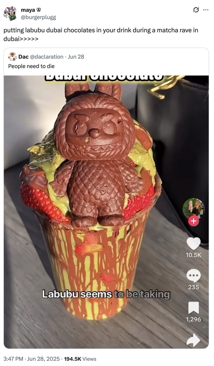 Labubu Matcha Dubai Chocolate — A TikTok video screenshot showing a Labubu Dubai chocolate placed in a matcha drink.