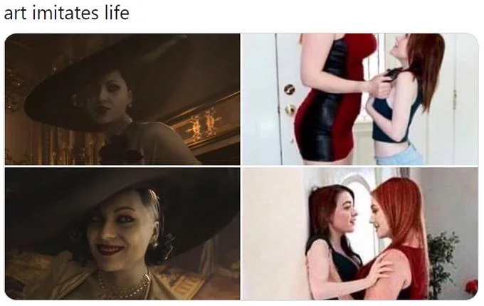 Four-panel comparison meme pairing Lady Dimitrescu with a tall woman and shorter woman re-enacting the scene.