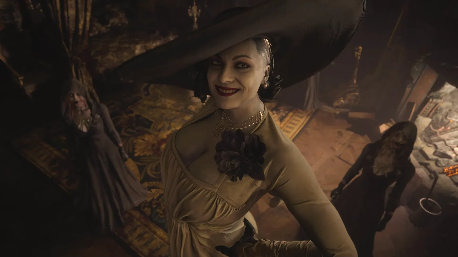 Lady Dimitrescu in a wide black hat and cream gown smiles while her daughters loom in the background.
