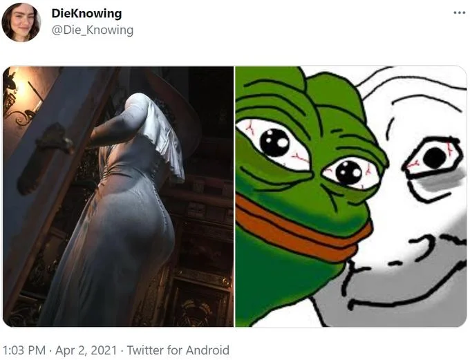 Tweet pairing a side view of Lady Dimitrescu with a crying Pepe-Wojak hybrid reaction face.