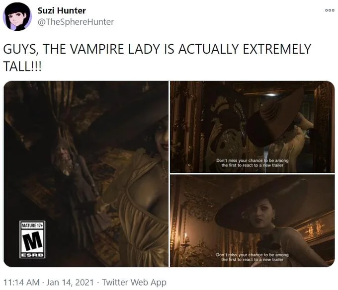 Tweet by Suzi Hunter remarking on Lady Dimitrescu's extreme height with three screenshots.