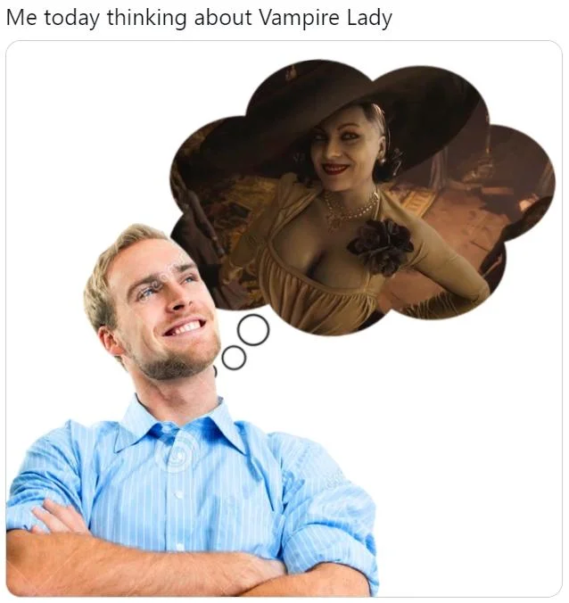 Smiling blonde man daydreams about Lady Dimitrescu shown inside a thought bubble.