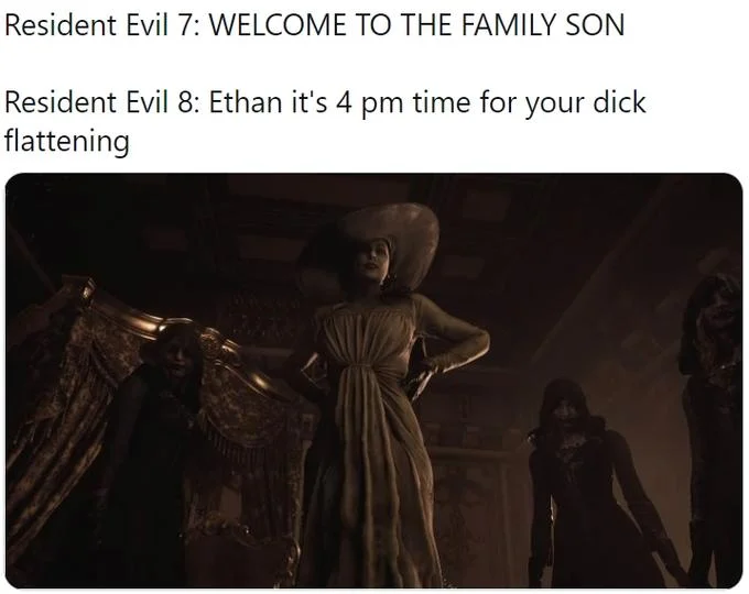 Meme contrasting Resident Evil 7 and 8 captions over a dark screenshot of Lady Dimitrescu with her daughters.