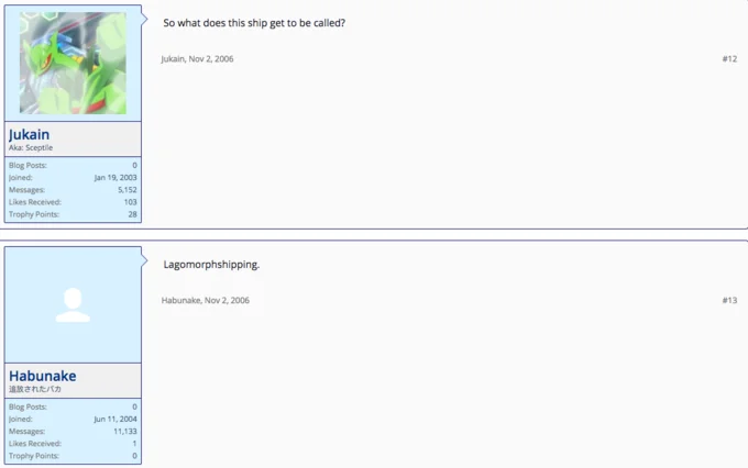 Forum screenshot from 2006 coining the name Lagomorphshipping