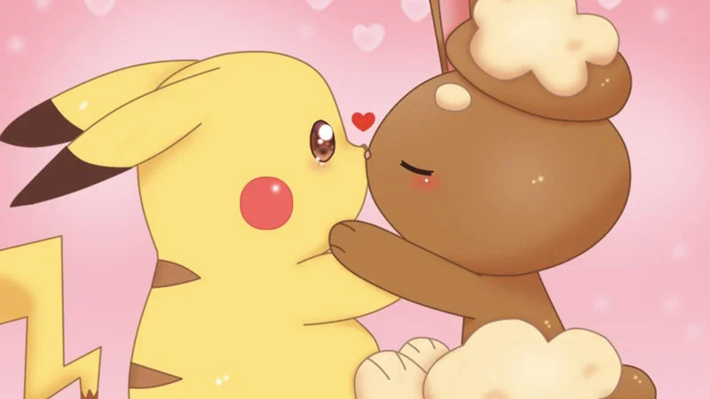 LagomorphShipping — Pikachu and Buneary sharing a kiss with hearts on a pink background