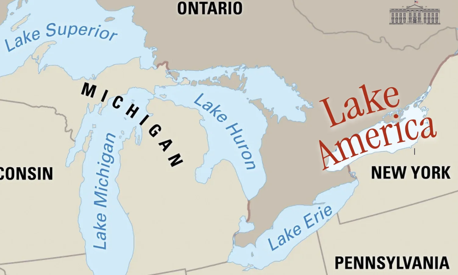 Great Lakes map with Lake Ontario relabeled as Lake America in red text