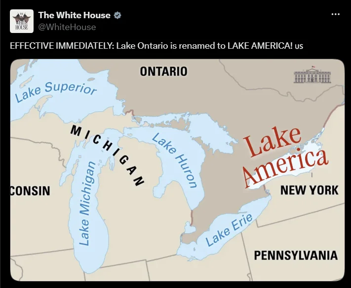 White House Twitter post announcing Lake Ontario renamed to Lake America