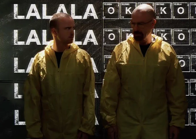 Lalala Vs Okokok — Walter White and Jesse Pinkman in hazmat suits in front of LALALA and OK wall meme